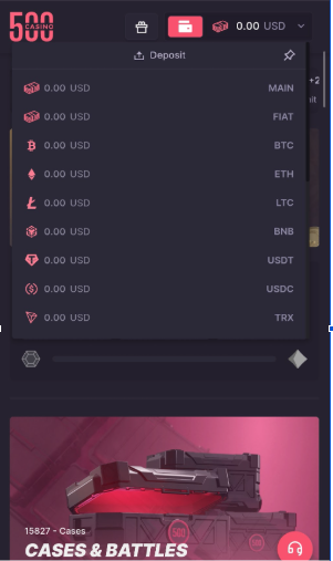 Responsive CSGO500 cashier interface with legible wallet balances