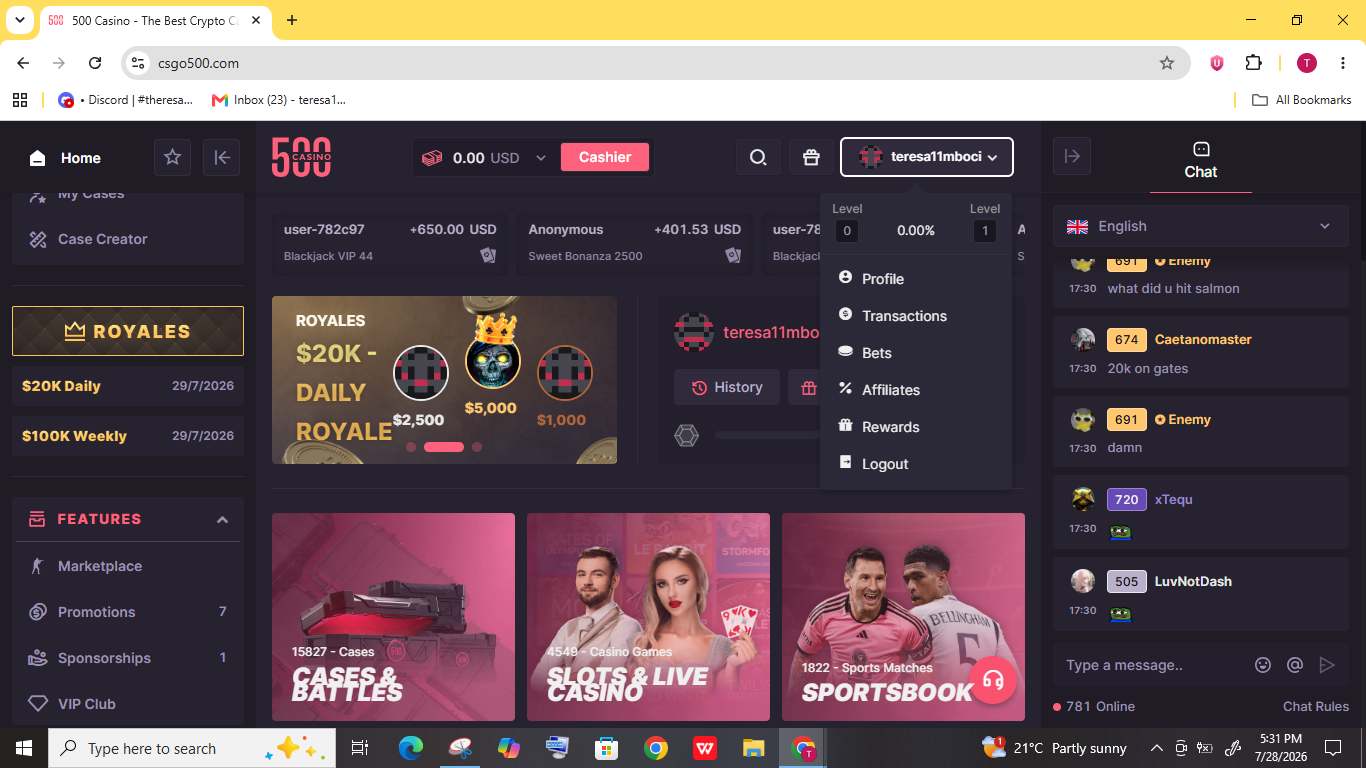 CSGO500 dashboard with the rewards tab