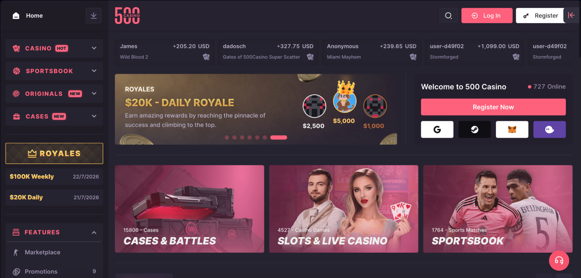 Platform homepage showing casino, Cases & Battles, and sports navigation.