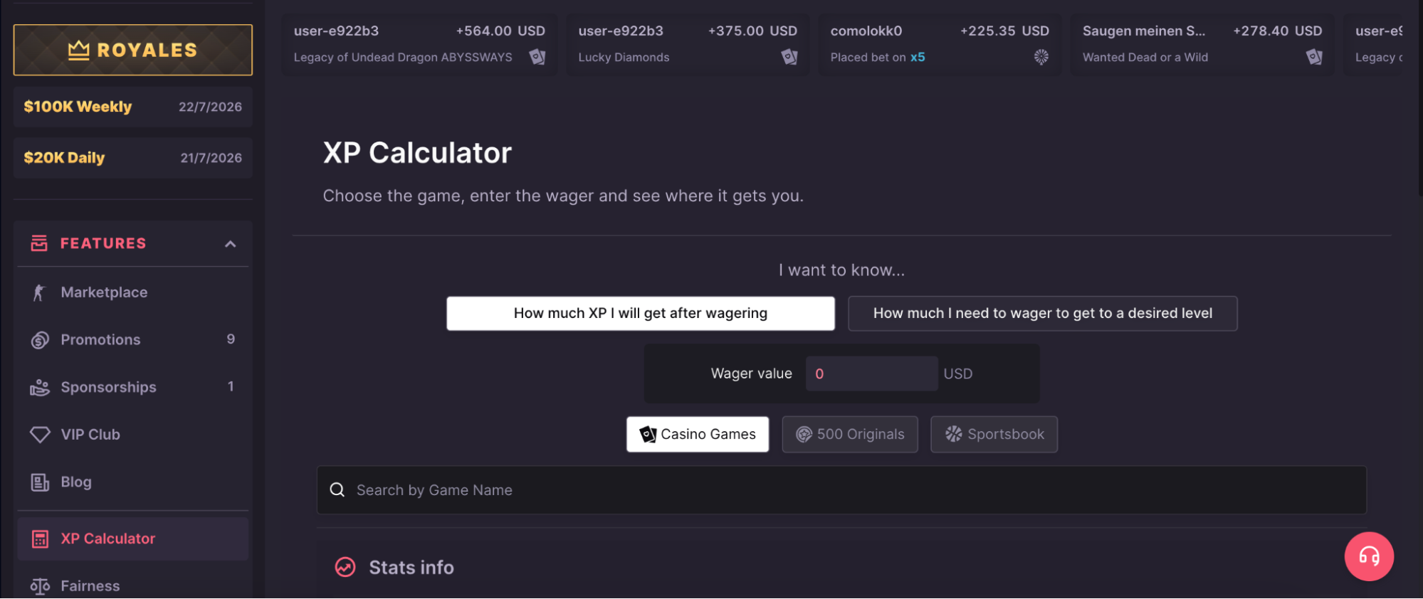 500 Casino XP calculator page showing XP points per game and wager amounts.