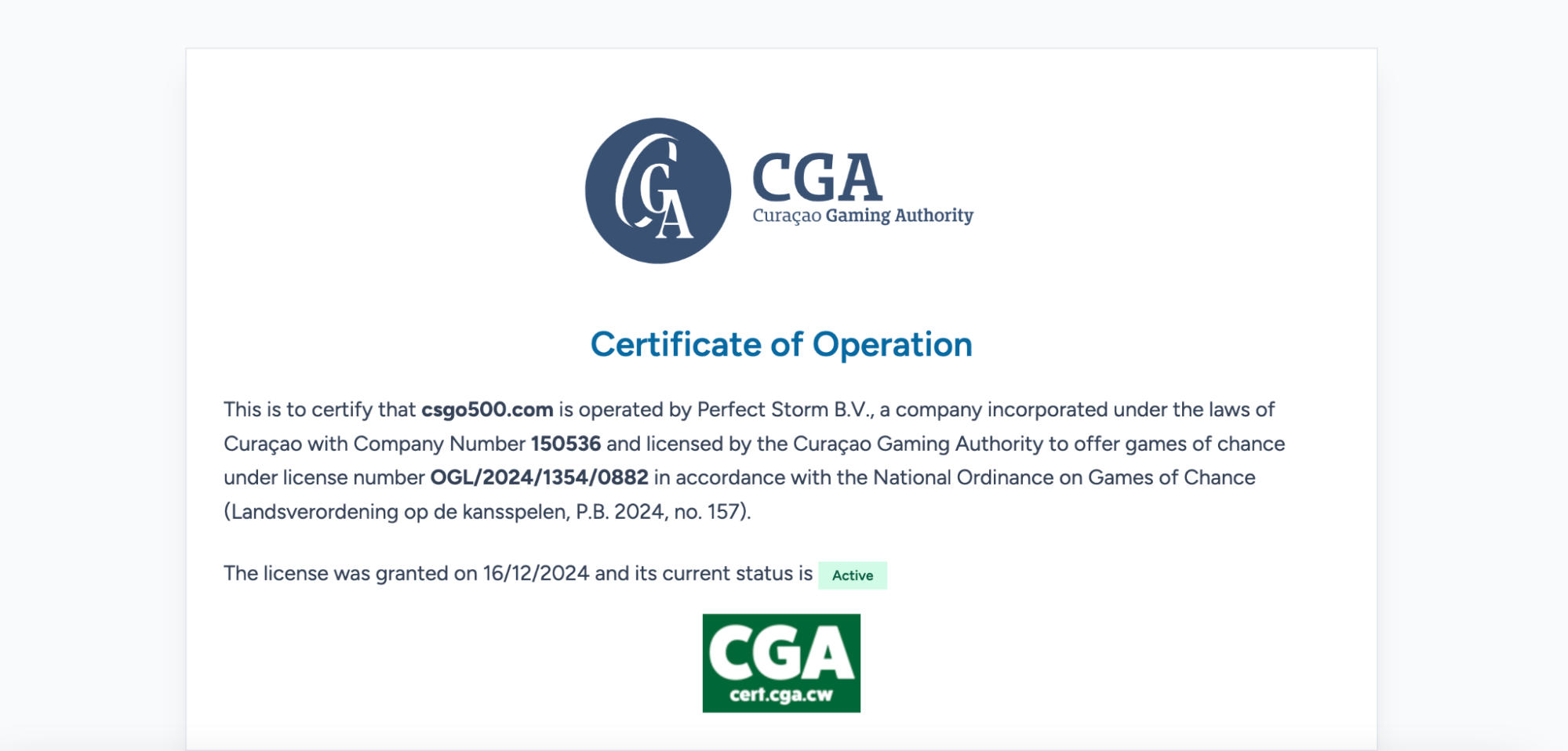 Active CSGO500 license from the Curaçao Gaming Authority