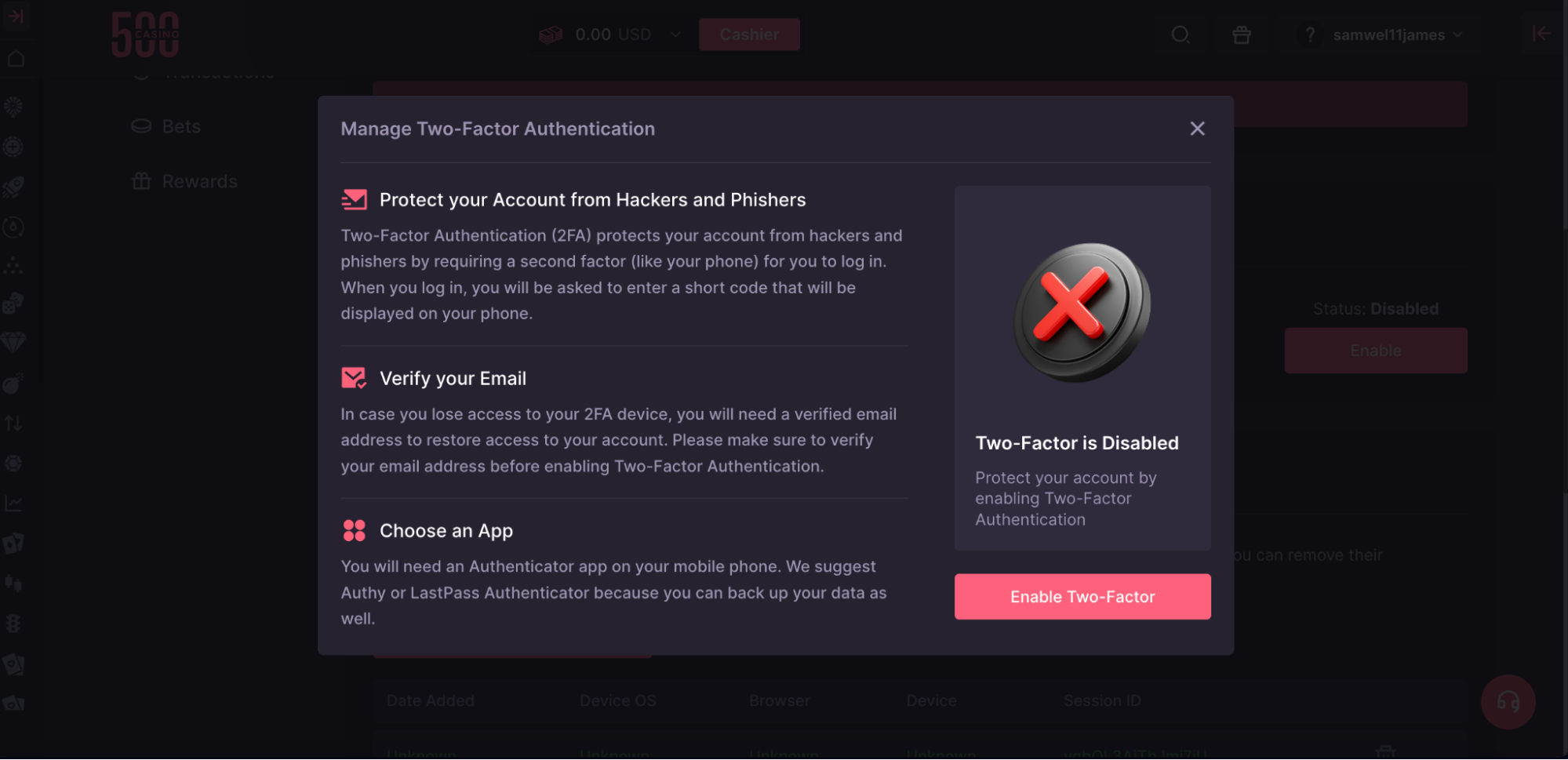 CSGO500 security settings with two-factor authentication