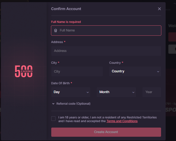Sign-up form with personal details and acceptance checkbox.