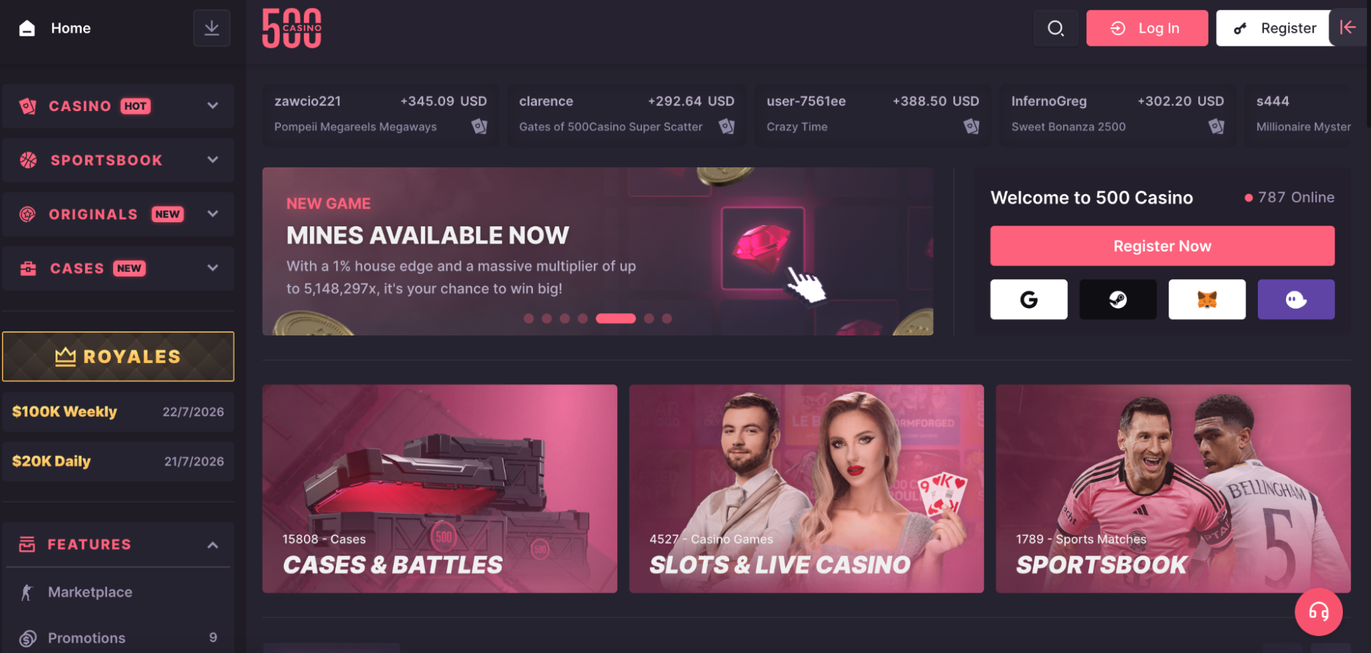 500 Casino homepage with casino, sportsbook, and original-games navigation.