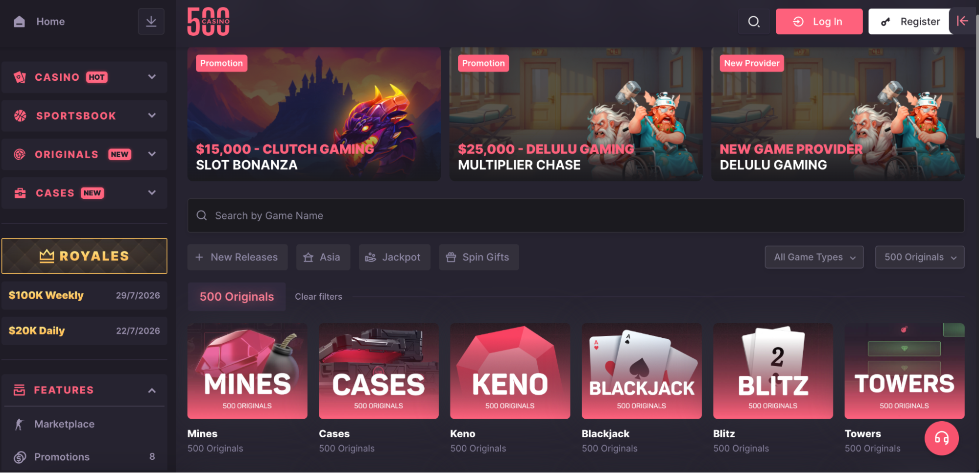 500 Casino game lobby with slots, live casino, and original games