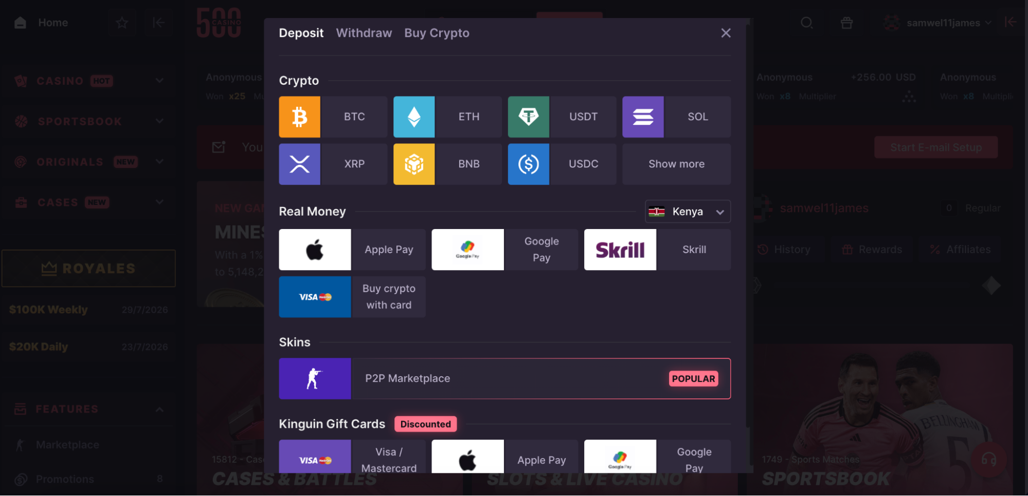 Casino cashier with cryptocurrency, fiat, voucher, and skin payment options