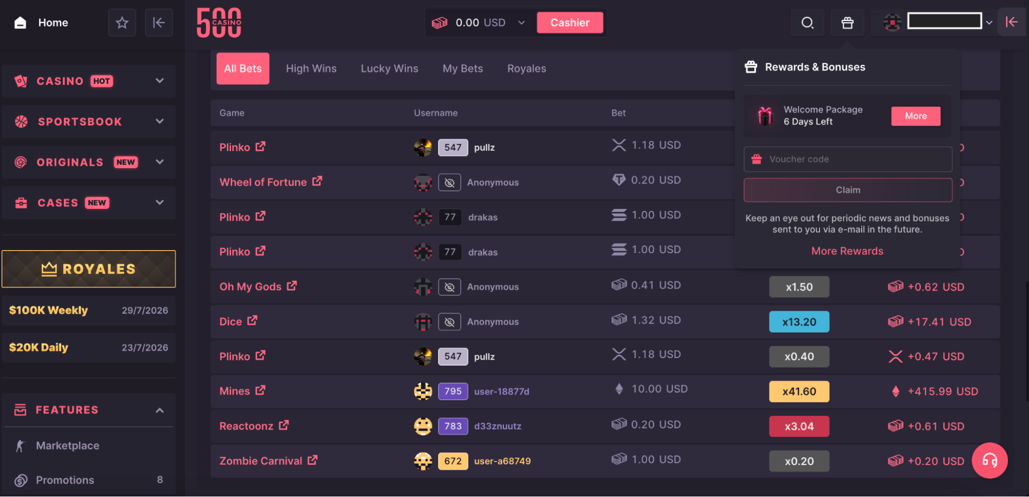 500 Casino website showing live bets, possible rewards & bonuses.