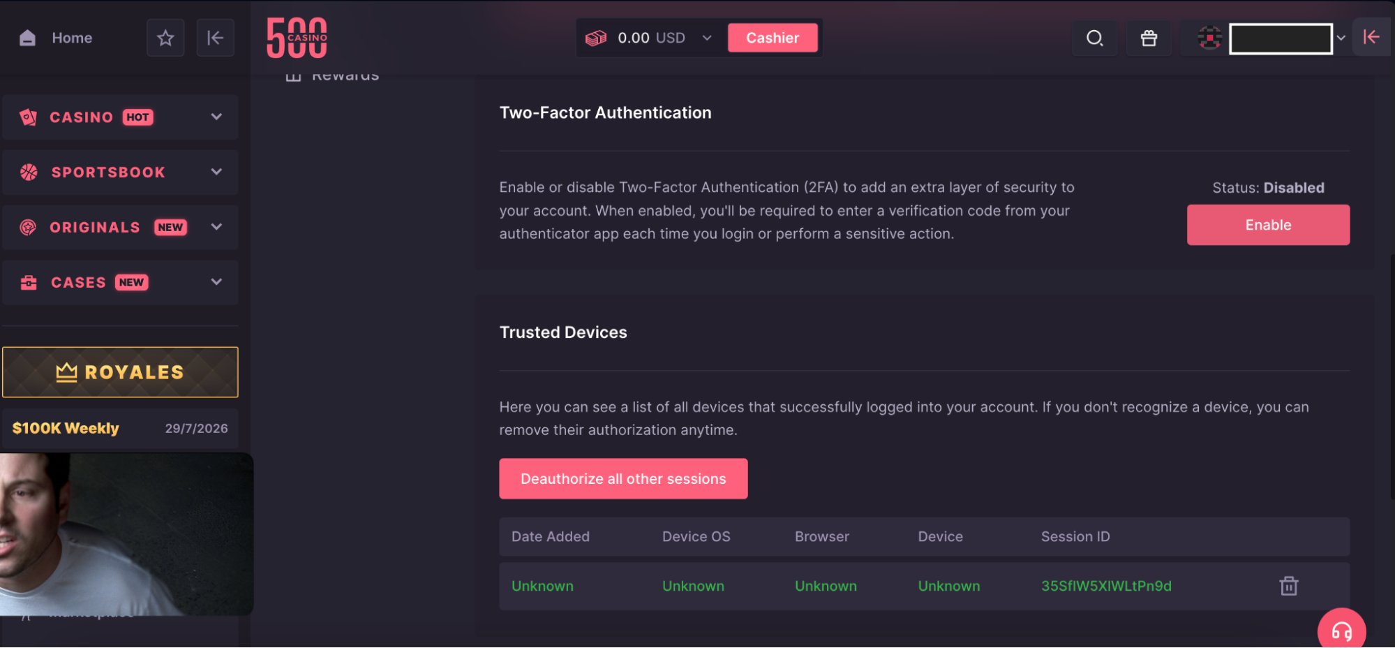 500 Casino website showing 2FA setup in user profile