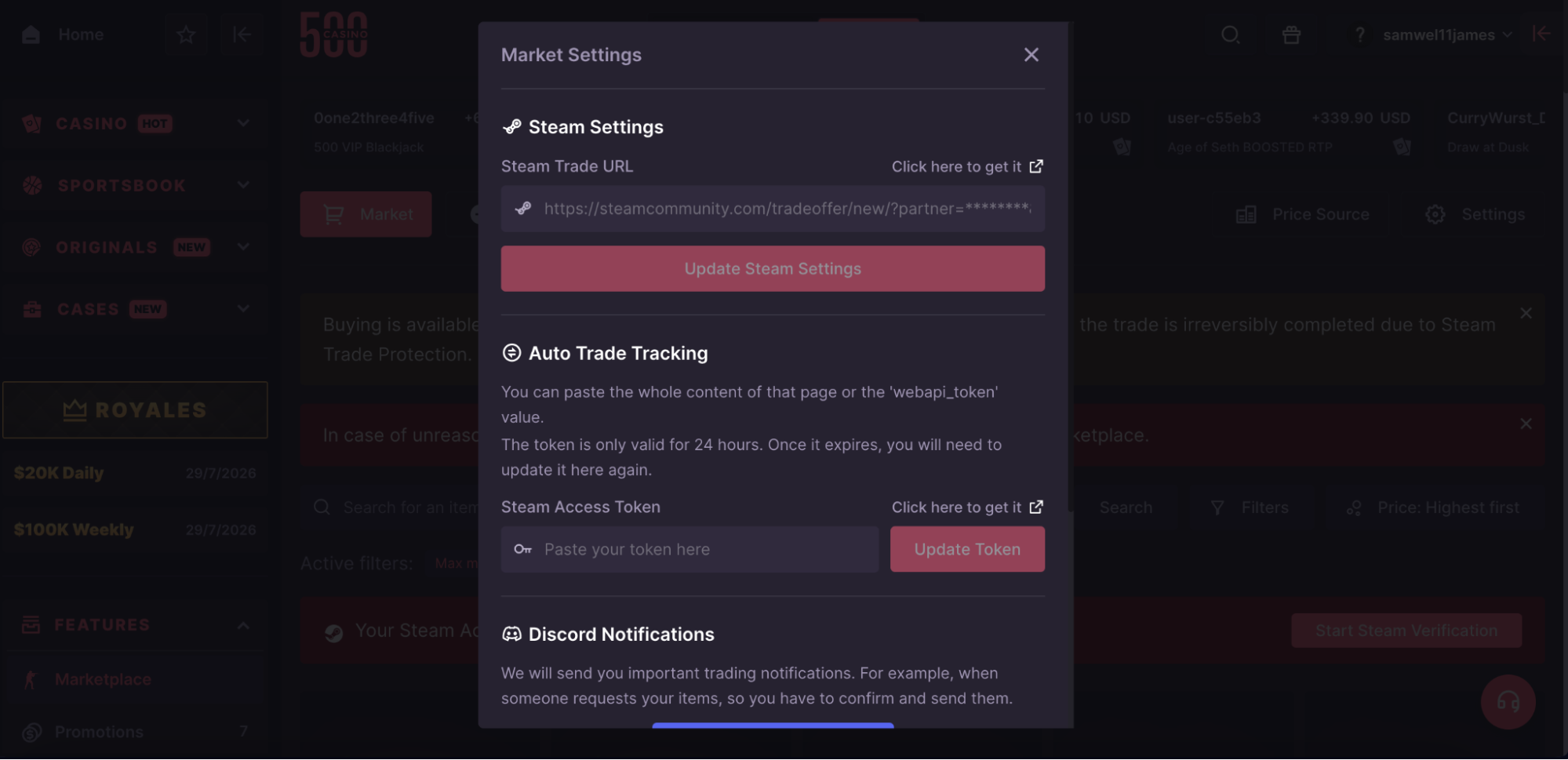 Steam trade offer set up page